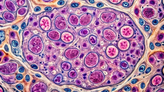 Microscopic view of kidney tissue stained with H&E, showing irregular shape and size of cancer cells with prominent nuclei, characteristic of renal cell carcinoma.