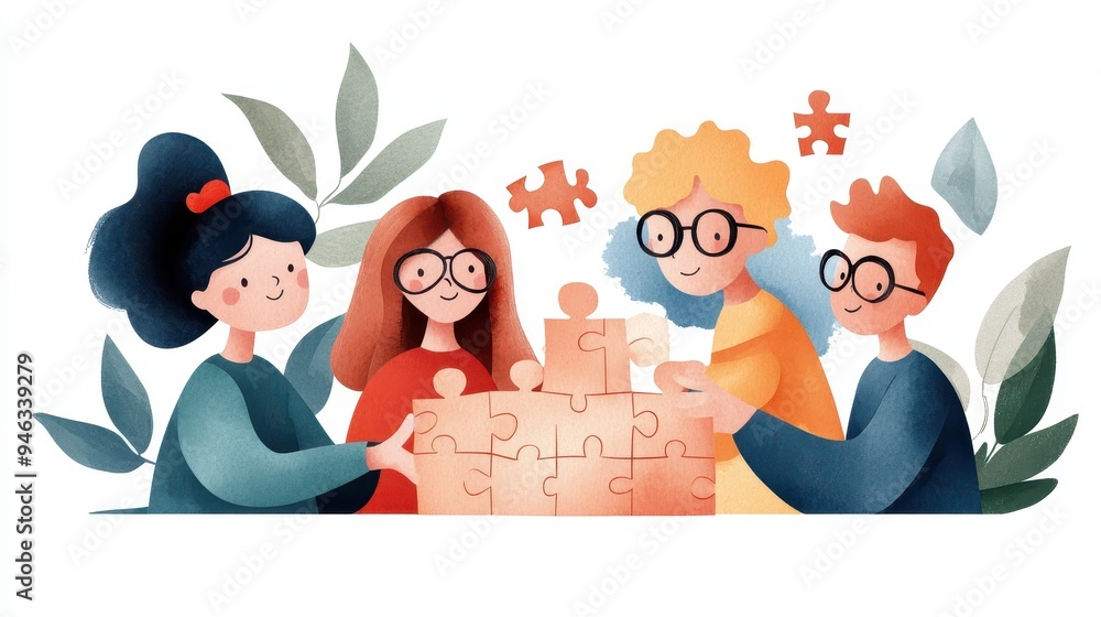 Poster collaborative diversity in puzzle solving - watercolor illustration of breakout room challenge with 