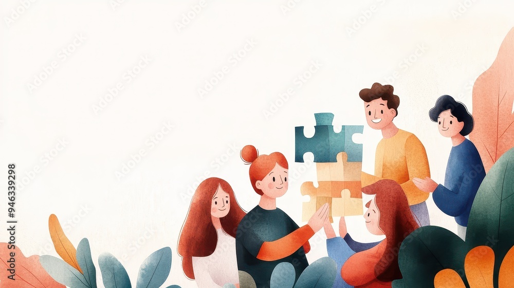 Poster dynamic diverse team solving puzzle in breakout room challenge - watercolor style illustration of dy