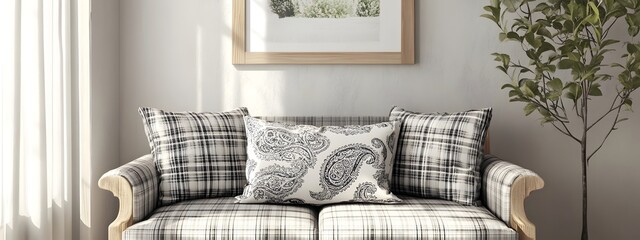 Mockup frame in a warm and inviting farmhouse inspired living room setting featuring a natural wood frame plaid upholstered loveseat and a decorative paisley throw pillow