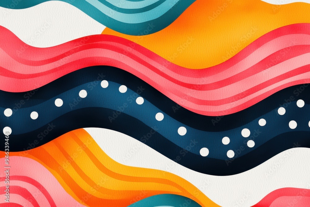 Poster vibrant abstract waves in bold colors featuring smooth curves and playful dots, perfect for modern a