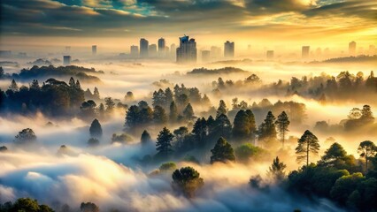 Obraz premium Misty forest trees blend with wispy, swirling clouds and subtle cityscape outlines, creating a surreal, dreamlike atmosphere of natural and urban harmony.