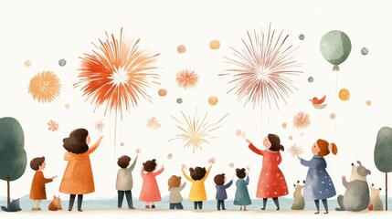 Fototapeta premium Vibrant Watercolor Illustration of Diverse Families Admiring Fireworks at Riverside Park During New Year Festivities