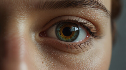 Female eye close up with smart contact lens with digital and bio-metric implants to scanning the ocular retina. Future concept and hi tech technology for computer scans of face identification	