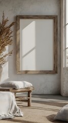 Mockup frame in a weathered wood finish with raw natural elements and cotton rag matting set in a 3D farmhouse living room interior with soft diffused daylight creating a cozy rustic ambiance