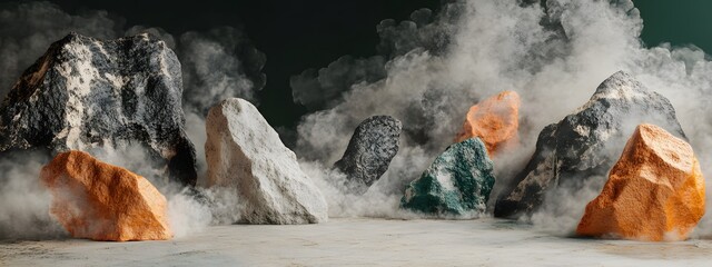 Abstract artwork depicting various multicolored rocks and geodes with smoke, against a white background. The color palette includes black, brown, green, orange, blue, and yellow, in a hyper-realistic 