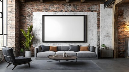 Fototapeta premium Mockup Frame in Contemporary Farmhouse Living Room with Industrial Metal Frame Exposed Beams Brick Walls and Utilitarian Accents