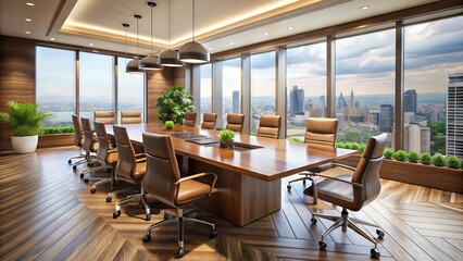 Modern conference room with sleek wooden table, leather chairs, and floor-to-ceiling windows providing ample natural light for corporate events and professional gatherings.