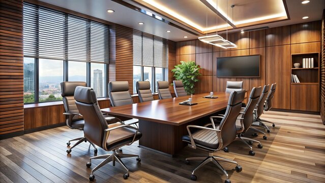 Modern conference room with sleek wooden table, high-back leather chairs, and state-of-the-art audiovisual equipment, symbolizing corporate success and strategic decision-making.