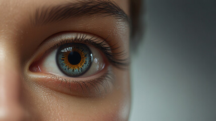 Female eye close up with smart contact lens with digital and bio-metric implants to scanning the ocular retina. Future concept and hi tech technology for computer scans of face identification	