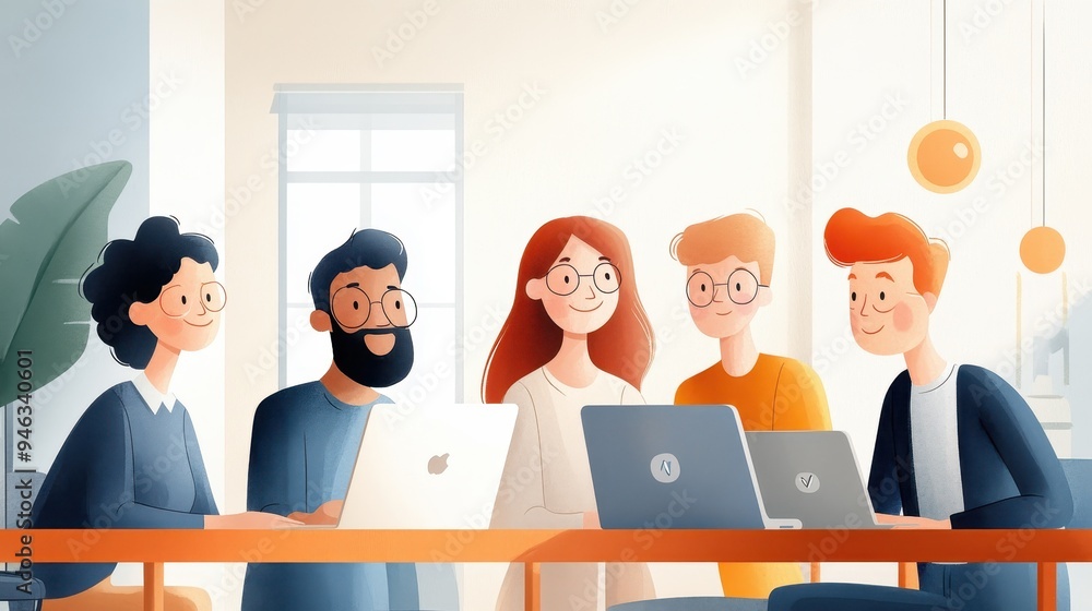 Poster creative diversity at hackathon: coding and brainstorming in modern tech space, watercolor illustrat