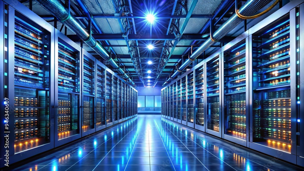 Aufkleber modern data center with rows of servers, networking cables, and blinking lights, showcasing high-tec