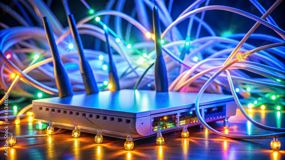 Poster modern high-speed internet router with flashing lights and antennae broadcasting strong wi-fi signal