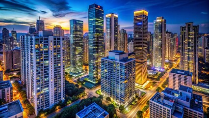 Modern high-rise buildings rise above bustling streets, illuminating the urban landscape with vibrant LED lights, casting shadows on towering concrete skyscrapers in the city block.