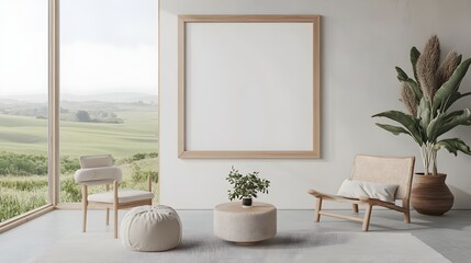 Mockup Frame in Cozy Farmhouse Living Room with Scenic Countryside View   Neutral Tones Minimalist Design 3D Countryside Retreat
