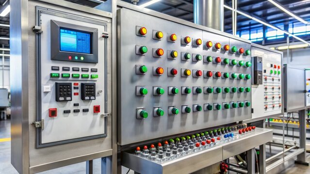 Modern industrial control panel with programmable logic controller, buttons, and LED displays, mounted on a metal frame, with wires and connectors visible.