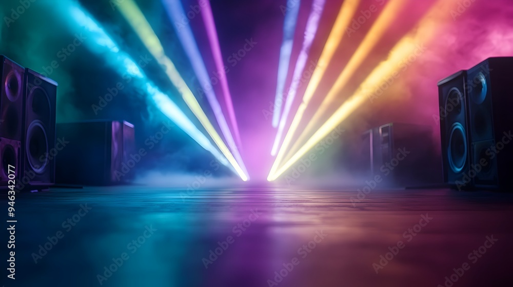Poster dazzling light rays fanning out from a central prismatic source creating a vibrant and energetic con