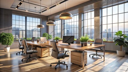 Fototapeta premium Modern minimalist office space with sleek wooden desks, comfy grey chairs, and plenty of natural light pouring in through large floor-to-ceiling windows.
