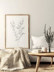 Mockup Frame in Earthy Farmhouse Living Room with Delicate Botanical Drawing Woven Throw Blanket and Mid century Modern Coffee Table