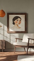 Mockup Frame in Farmhouse Inspired 3D Rendered Living Room with Vintage Wooden Accents and Mid Century Modern Chair in Whimsical Toned Portrait Style