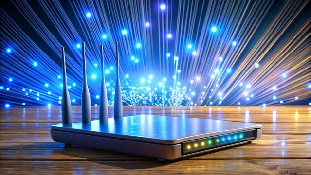 Modern optical fiber cables and high-speed internet router situated on a sleek wooden desk, surrounded by glowing LED lights, conveying rapid data transmission and connection.