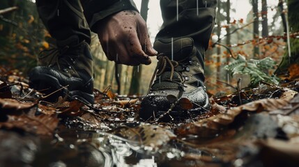 Hiker tying shoelaces on hiking boots in forest