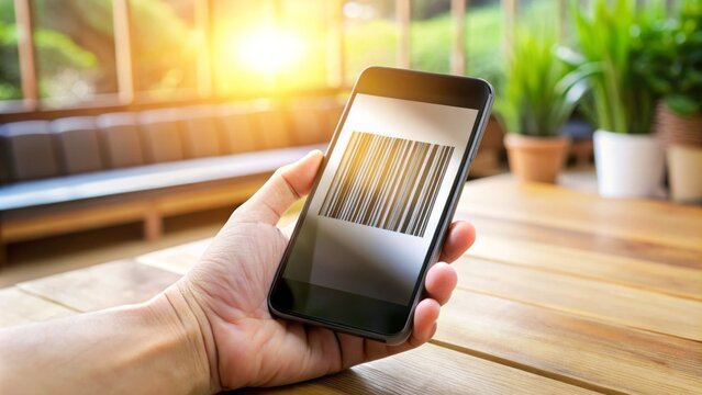 Modern smartphone held above a flat wooden table, capturing a barcode with its camera, soft focus background and blurred edges emphasizing the scanning action.