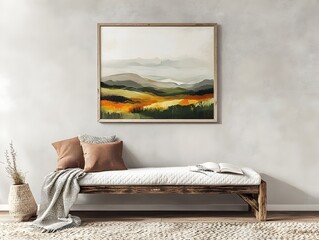 Mockup Frame in Farmhouse Living Room with Abstract Landscape Painting Expressive Brushstrokes Muted Color Palette Rustic Wooden Bench and Cozy Textured Rug