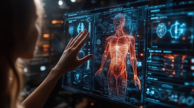 A person interacts with a holographic interface that presents detailed health metrics and anatomical visuals in a modern medical environment.