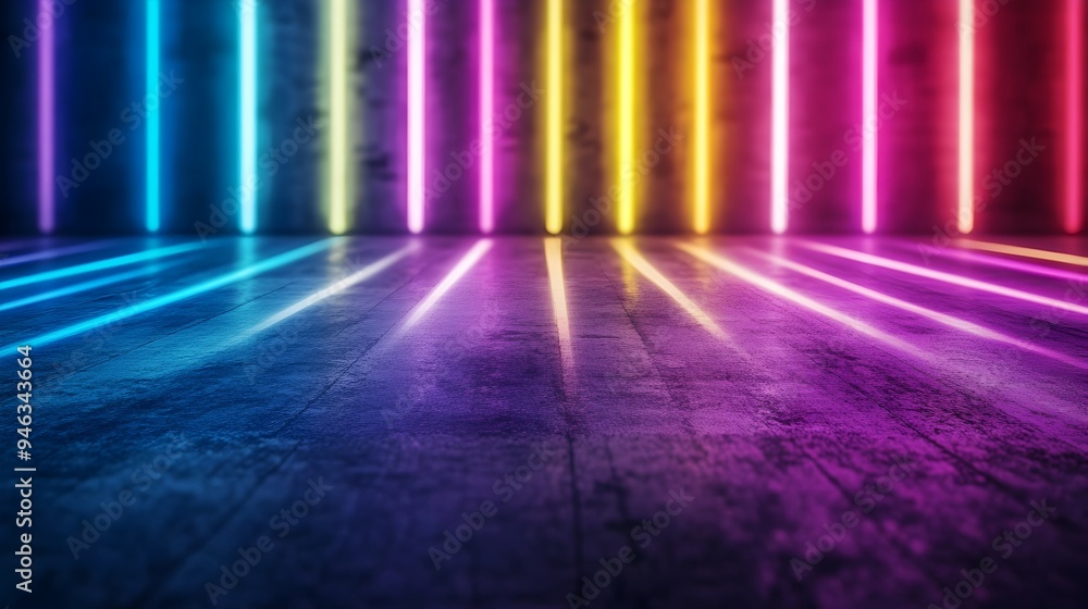 Poster pulsating neon rainbow light stripes glow with vibrant dynamic energy on minimalist stage setup