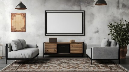 Mockup Frame in Farmhouse Living Room with Grey Linen Loveseat Wooden Media Console Patterned Rug and Pendant Lighting   3D