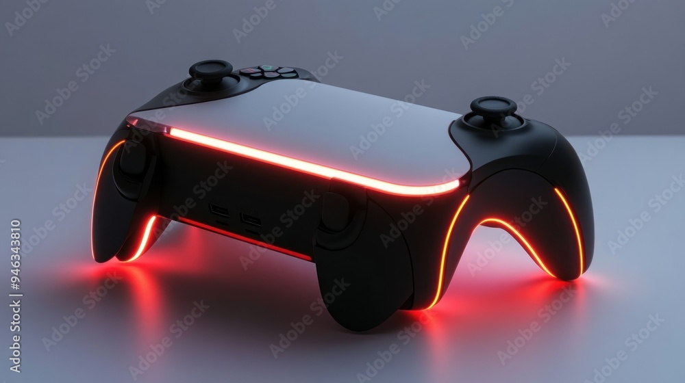 Wall mural futuristic black and white gaming controller with red glowing lines