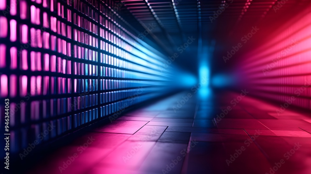 Poster laser grid lights forming 3d cube with intense red and blue colors futuristic stage design with aest