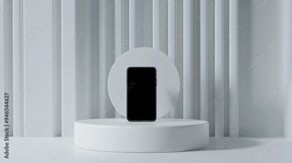 Poster smartphone on a white circular platform with a white background