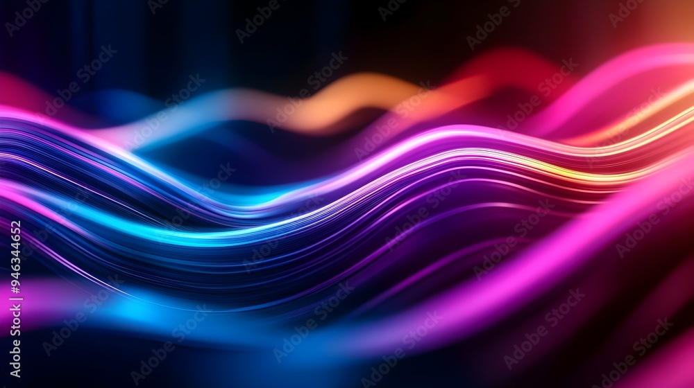 Poster mesmerizing neon light waves cascading across avant garde generative art performance stage backdrop