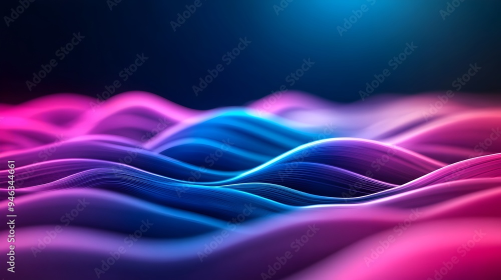 Poster mesmerizing neon hued light waves cascading across avant garde performance stage backdrop