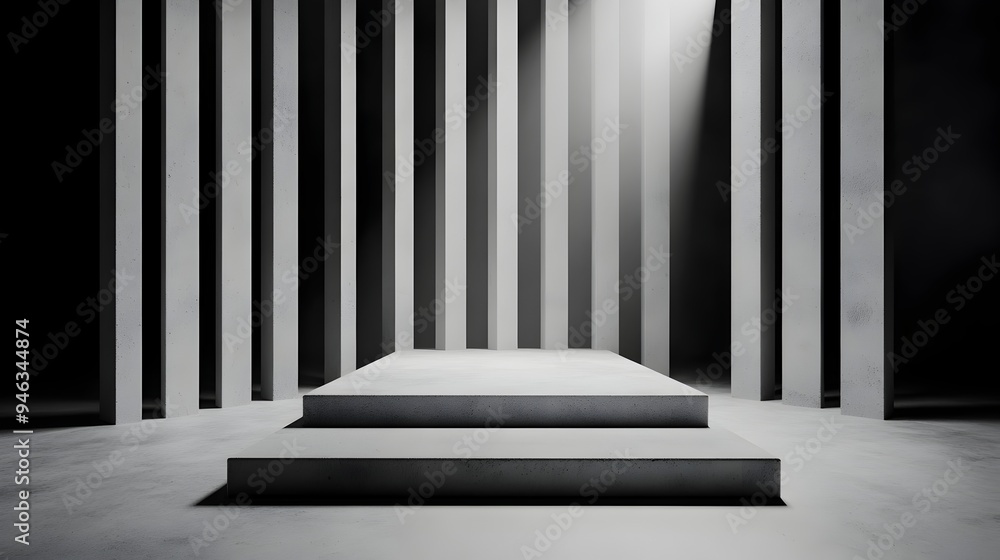 Poster dramatic monochrome architectural spotlight grid stage design with sharp angles and clean lines