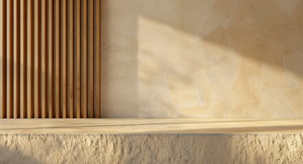 Concrete tabletop on wooden wall panels background for product presentation. Empty countertop with vertical slats. Aesthetic podium mockup in modern studio interior.