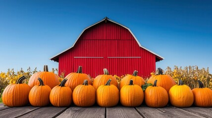 Harvested pumpkins arranged in front of a red barn, symbolizing the bounty of autumn