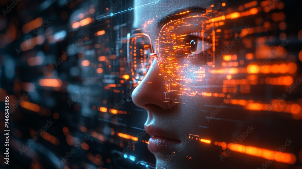 Poster a person interacts with a detailed holographic interface, showcasing vibrant digital history and dat