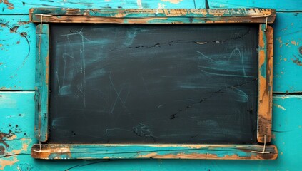 Classroom blackboard with rustic wooden edges on a bright turquoise background, ideal for educational concepts and creative mockups