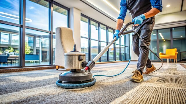 Professional-grade cleaning equipment and solutions are used to deeply sanitize and restore a dirty, high-traffic commercial carpet to its original vibrant state of cleanliness.