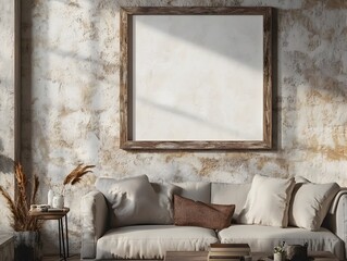 Mockup Frame in Rustic Farmhouse Inspired Living Room Interior with Textured Accent Wall Filtered Daylight and Impressionist Brushwork in Muted Tones