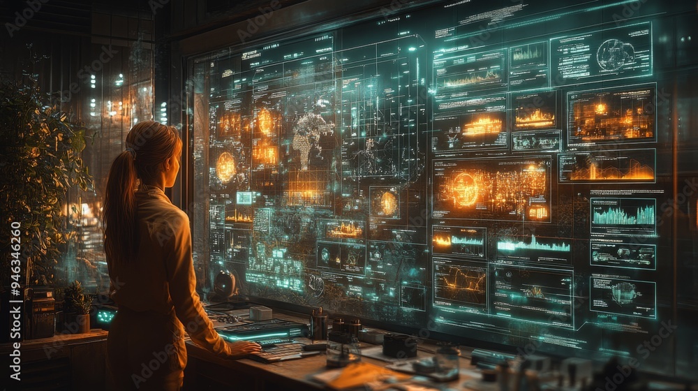 Poster a person interacts with a holographic interface, analyzing various data visualizations and impacts i