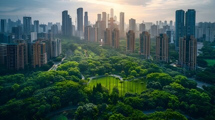 Obraz premium Sustainable Urban Development with Towering Skyscrapers Surrounded by Lush Green Spaces
