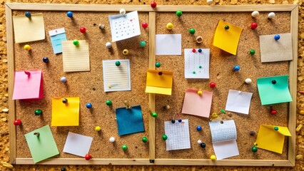 Retro-style bulletin board with colorful push pins and torn paper scraps featuring handwritten notes and advertisements for various services and items for sale.