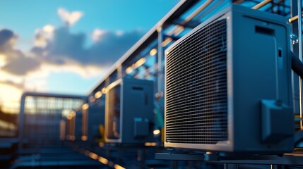 Air-cooled condenser unit, rooftop installation, urban background, 3D illustration