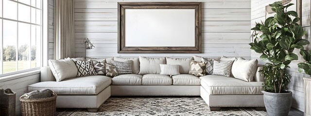Mockup Frame in Rustic Farmhouse Living Room with Reclaimed Wood Whitewashed Paneling Overstuffed Sectional and Patterned Rug   3D Render
