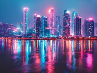 Fototapeta premium Vibrant Nighttime Cityscape with Colorful Neon Lights Reflecting on River