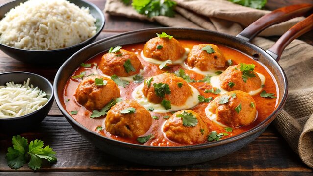 Richly flavored Indian dish featuring tender malai kofta dumplings in a creamy, spiced tomato sauce, garnished with fresh cilantro and served over basmati rice.